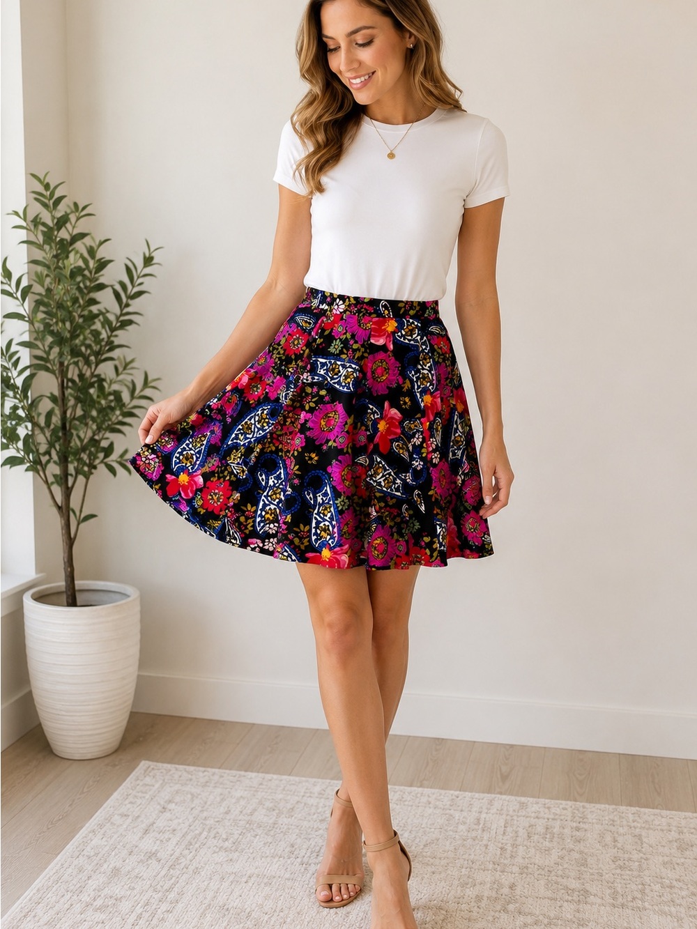 LuLaRoe Black Skater Skirt with Pink, Red & Blue Floral Paisley